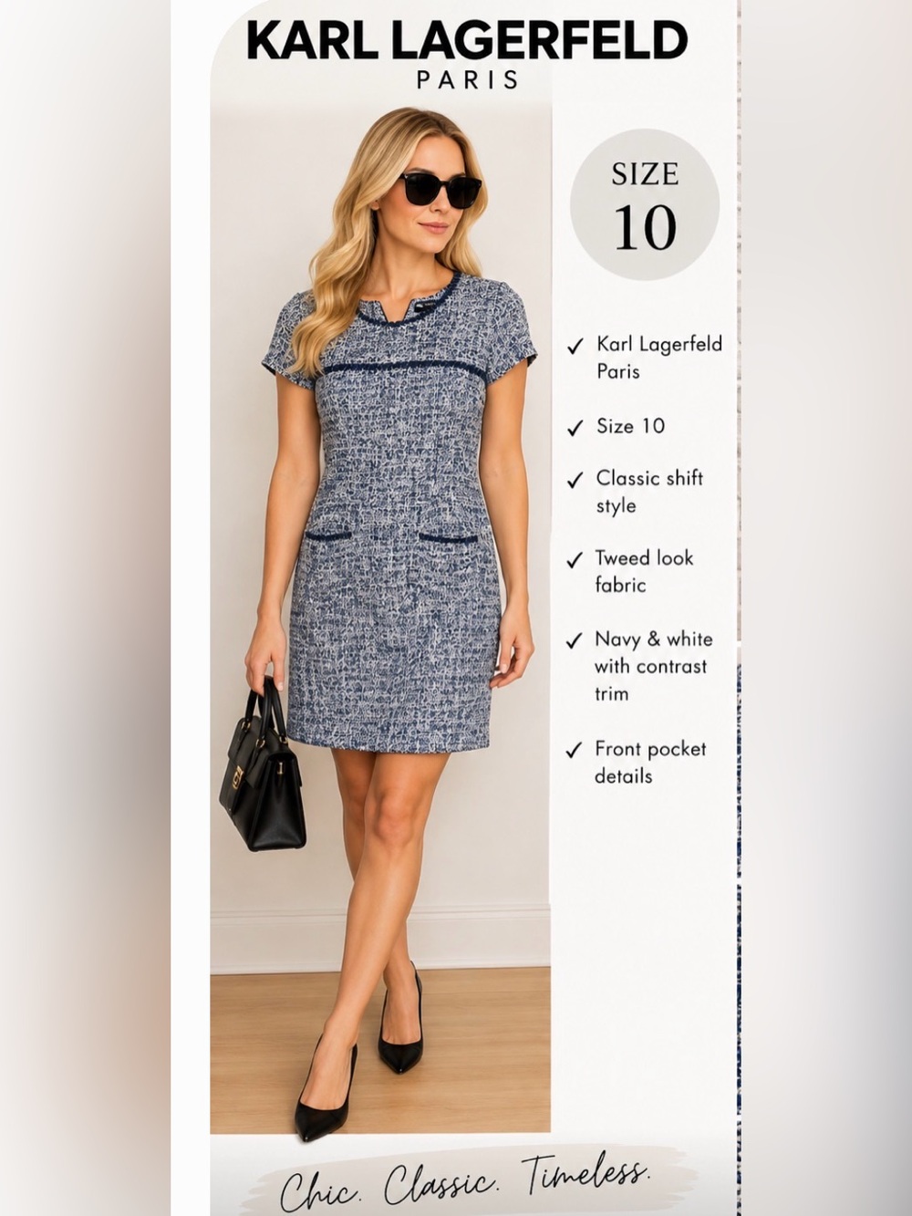 Karl Lagerfeld Navy & White Tweed Shift Dress with Contrast Trim, size 10